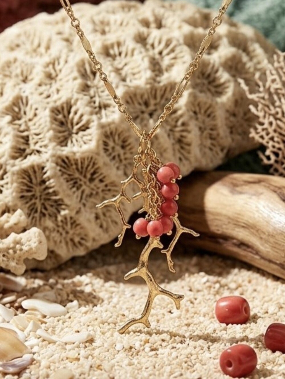 Gold Branch Necklace with Coral Bead Accents - Women Jewelry